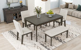 TOPMAX 6-Piece Dining Table Set with Upholstered Dining Chairs and Bench Farmhouse Style Tapered Legs Dark Gray+Beige