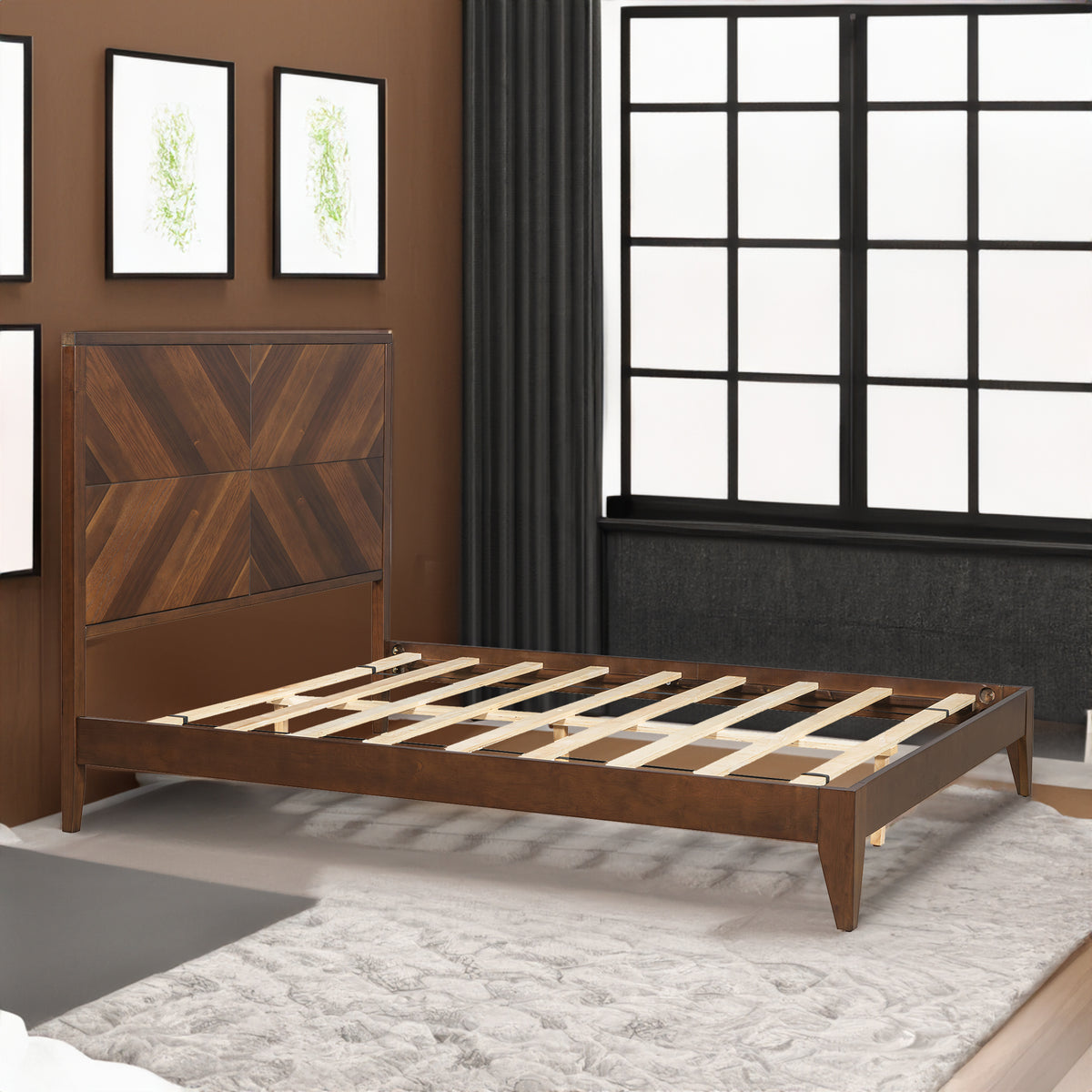 Mid-Century Modern Platform Bed Wood Slat Support with No Box Spring Needed,Queen, Walnut - V.I.P Digital Presence