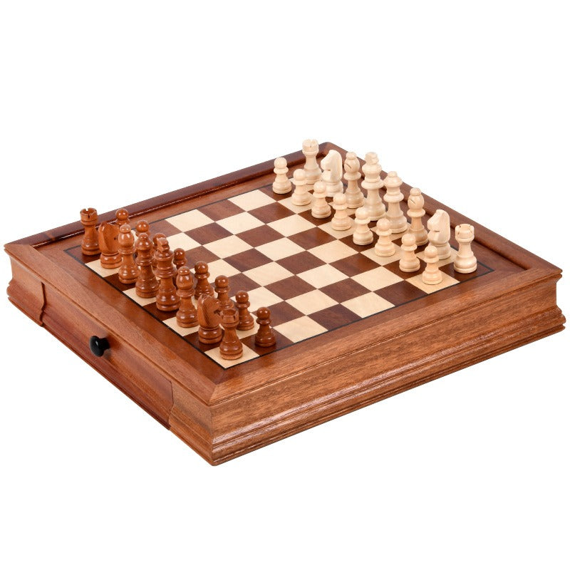 Juego de caja de ajedrez magnética con tablero de ajedrez empalmado de chapa de madera maciza estilo cajón