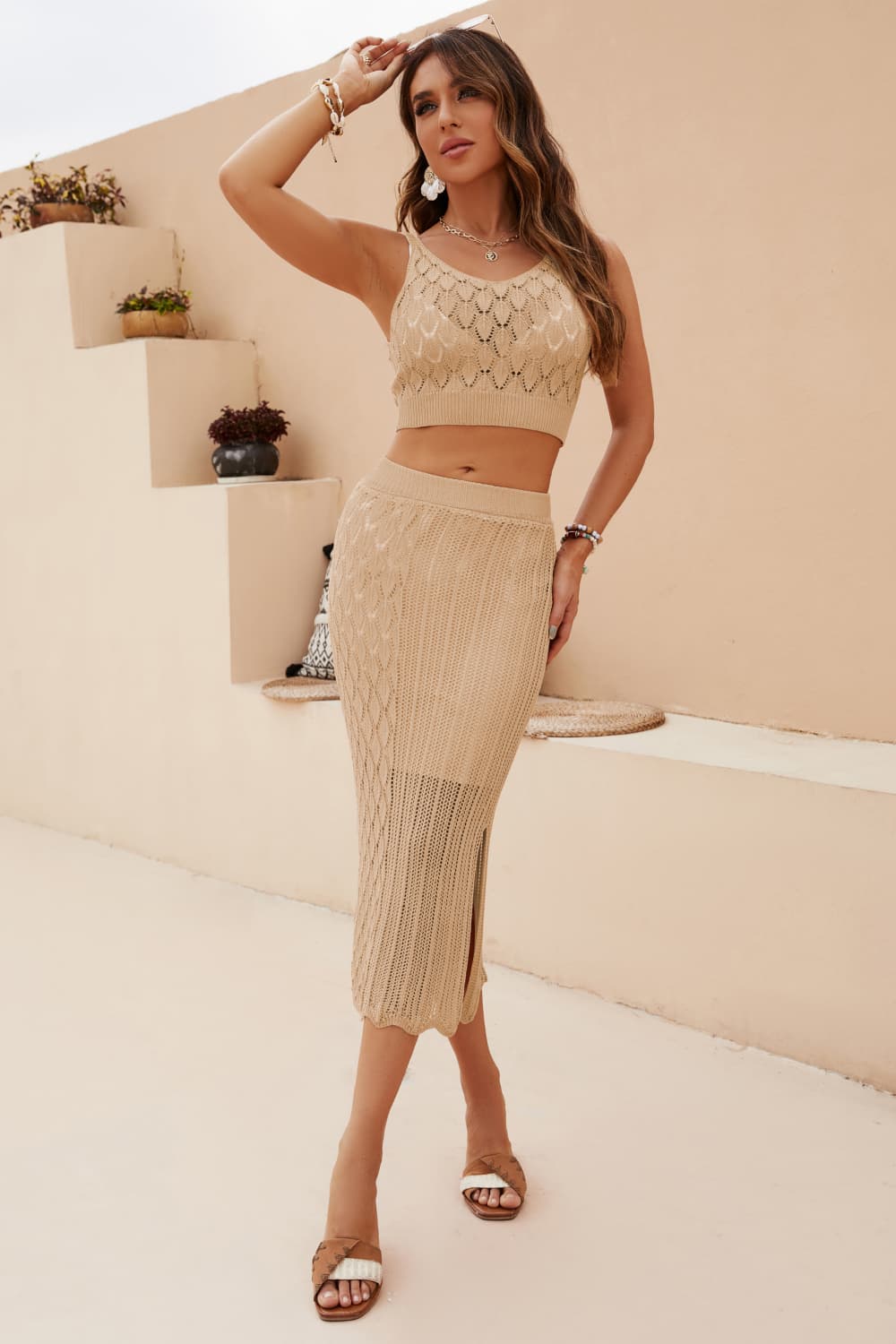 Chic Openwork Cropped Tank & Split Skirt Set