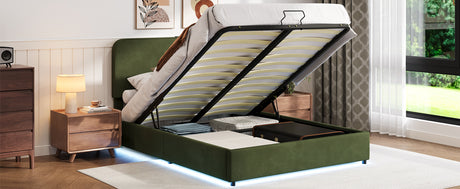 Large hydraulic storage bed with soft cushion lifting storage bed with RGB LED lights, Bluetooth speaker lychee velvet, green - V.I.P Digital Presence