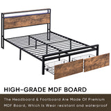 Full size bedstead with storage headboard and 2 drawers, LED light bed with charging station, metal Flat noodles support - V.I.P Digital Presence