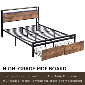Full size bedstead with storage headboard and 2 drawers, LED light bed with charging station, metal Flat noodles support - V.I.P Digital Presence