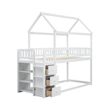 TWIN/TWIN HOUSE BUNK BED WITH SHELVES AND DRAWERS FOR WHITE COLOR - V.I.P Digital Presence