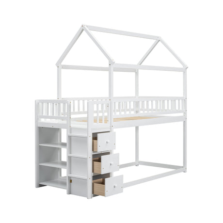 TWIN/TWIN HOUSE BUNK BED WITH SHELVES AND DRAWERS FOR WHITE COLOR - V.I.P Digital Presence