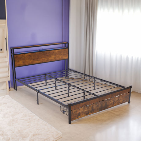Large metal bed frame with wooden headboard and USB foot pedal, charging station, 2 drawers, LED lights, no need for box spring - V.I.P Digital Presence