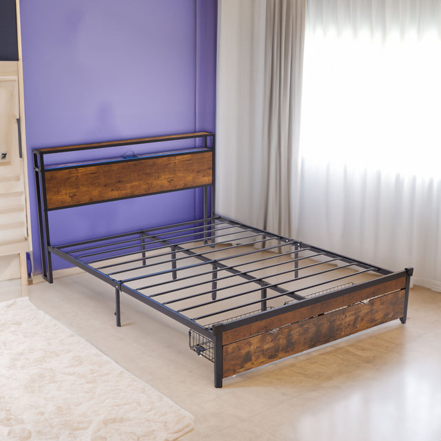 Large metal bed frame with wooden headboard and USB foot pedal, charging station, 2 drawers, LED lights, no need for box spring - V.I.P Digital Presence