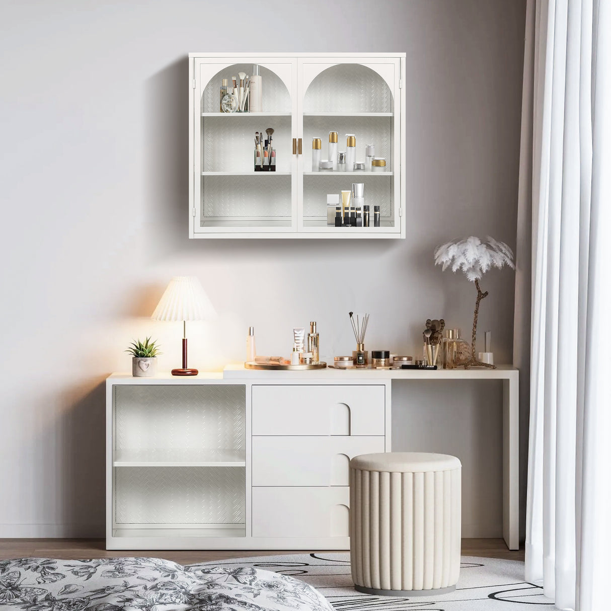 27.56"Glass Doors Modern Two-door Wall Cabinet with Featuring Three-tier Storage White