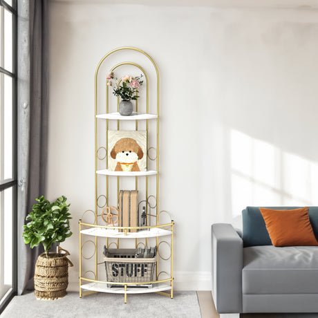 Gold 4-Tier Corner Bookshelf, Modern Style, Plant Stand with Metal Frame - V.I.P Digital Presence