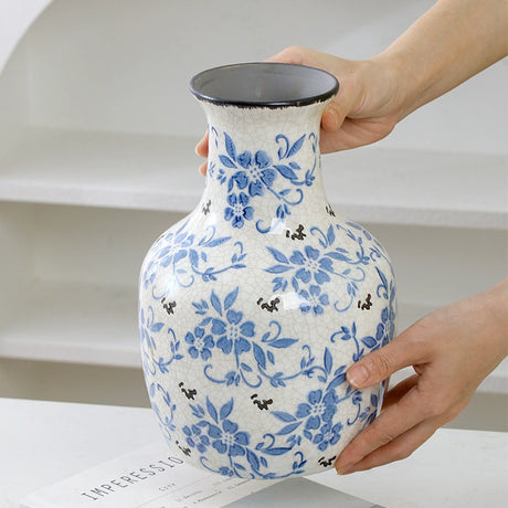 New Chinese style blue and white porcelain ceramic vase vintage ice cracked ornament for living room - V.I.P Digital Presence