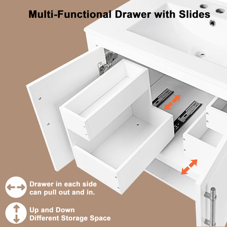 30" Bathroom Vanity with Sink  Multi-functional Bathroom Cabinet with Doors and Drawers Solid Frame and MDF Board, White - V.I.P Digital Presence