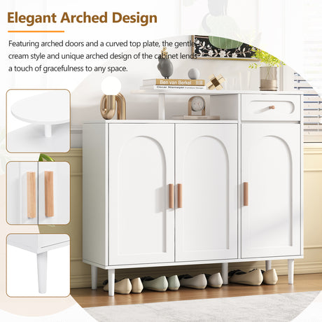 ON-TRANS Elegant Shoe Cabinet with Arched Doors and Drawers, Storage Side Panels, Adjustable Shelves and Solid Wood Legs, White - V.I.P Digital Presence