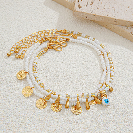 Leisure style beach circular rice bead foot ring 3-piece set, water droplet coin acrylic foot chain - V.I.P Digital Presence