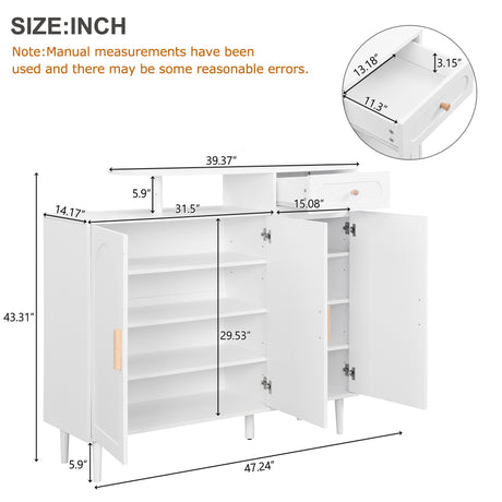 ON-TRANS Elegant Shoe Cabinet with Arched Doors and Drawers, Storage Side Panels, Adjustable Shelves and Solid Wood Legs, White - V.I.P Digital Presence