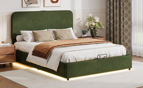 Large hydraulic storage bed with soft cushion lifting storage bed with RGB LED lights, Bluetooth speaker lychee velvet, green - V.I.P Digital Presence