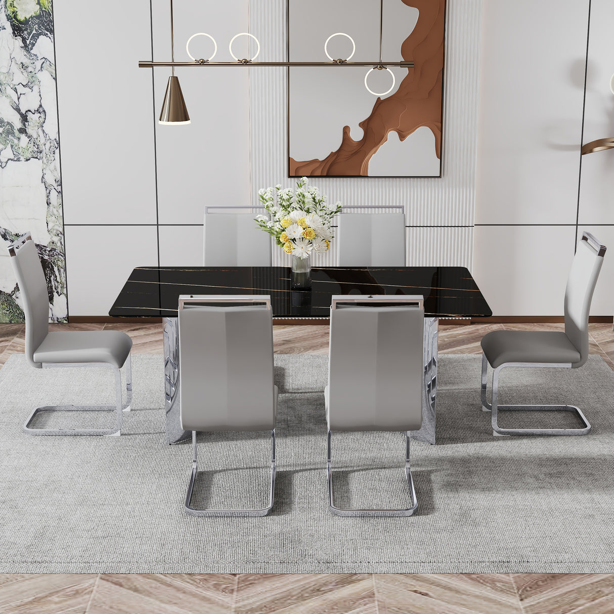 Modern minimalist dining table The black imitation marble glass desktop is equipped with silver metal legs - V.I.P Digital Presence