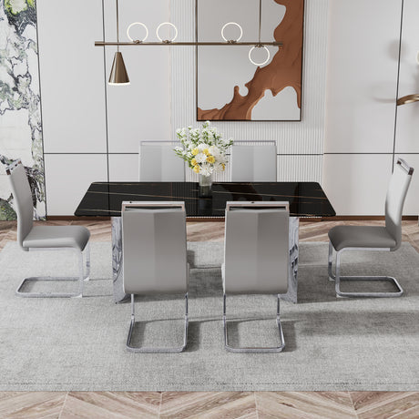 Modern minimalist dining table The black imitation marble glass desktop is equipped with silver metal legs - V.I.P Digital Presence