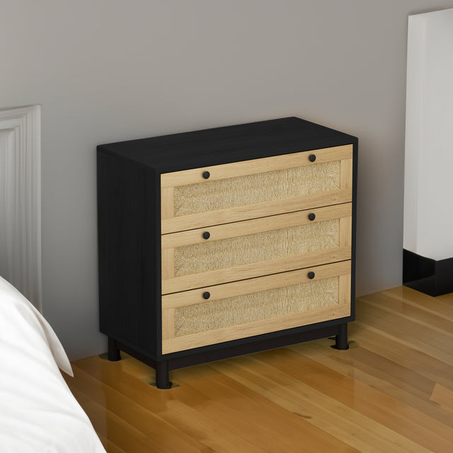 30.31"3-Drawers Storage Cabinet Rope Woven Drawer,for Bedroom,Living Room,Dining Room,Hallways,Black - V.I.P Digital Presence