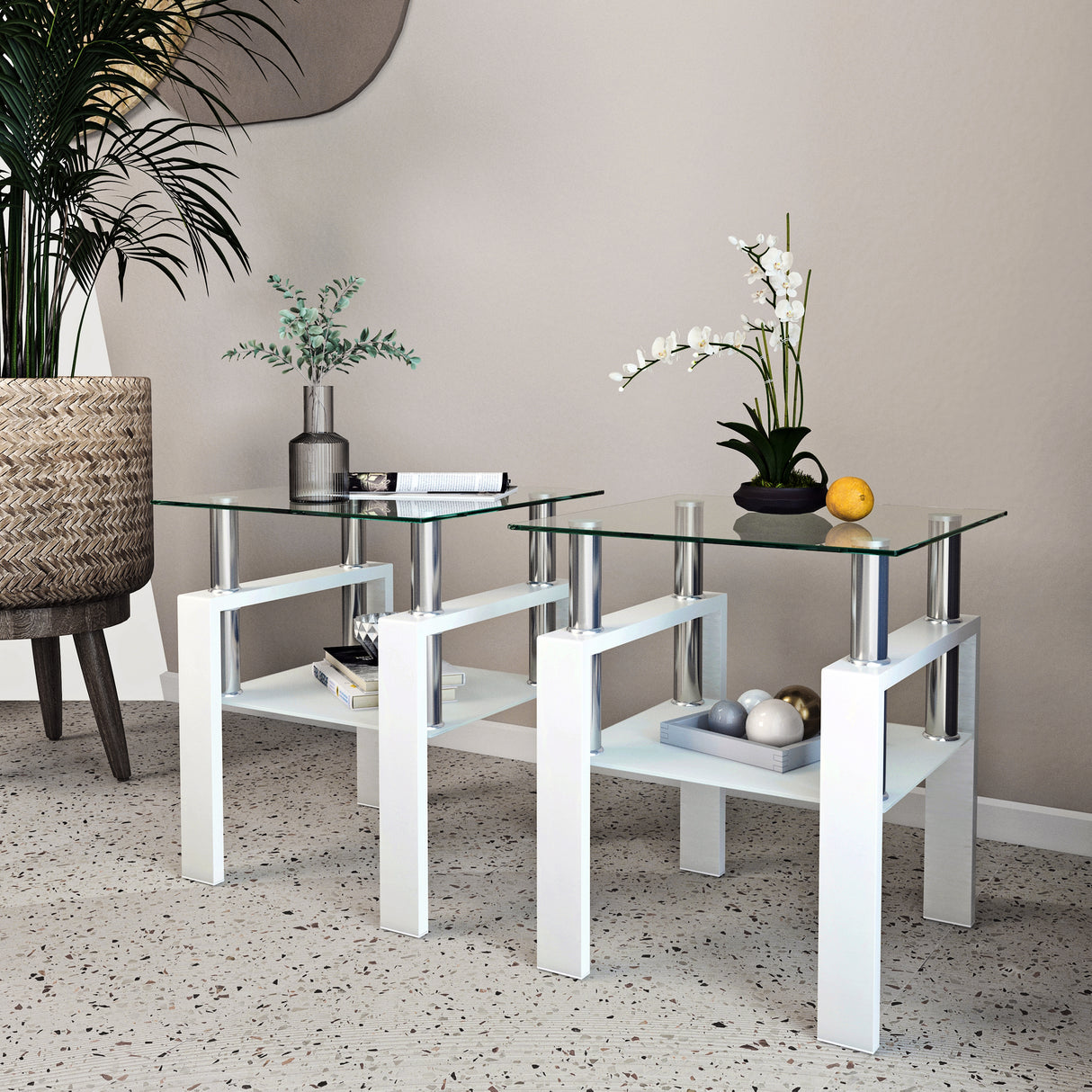 Set of 2, Modern Tempered Glass Tea Table Coffee Table End Table, Square Table for Living Room, Transparent/White - V.I.P Digital Presence