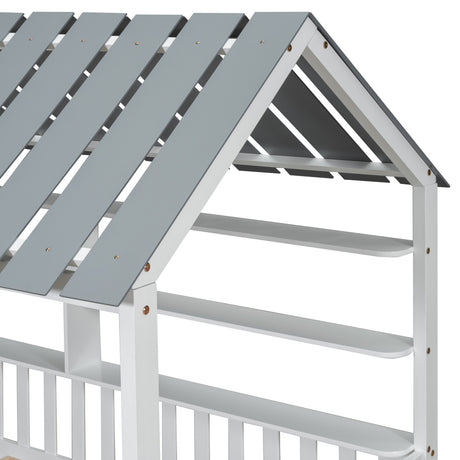 Wood Twin Size House Bed with Roof, Guardrail and Shelves, White - V.I.P Digital Presence