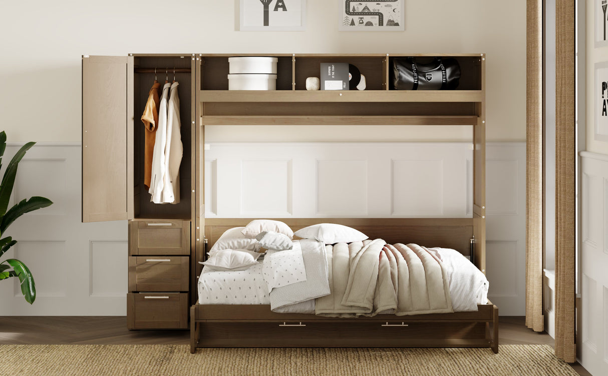 Full Size Murphy Bed with Wardrobe, Drawers and Open Shelves, Antique Grey - V.I.P Digital Presence
