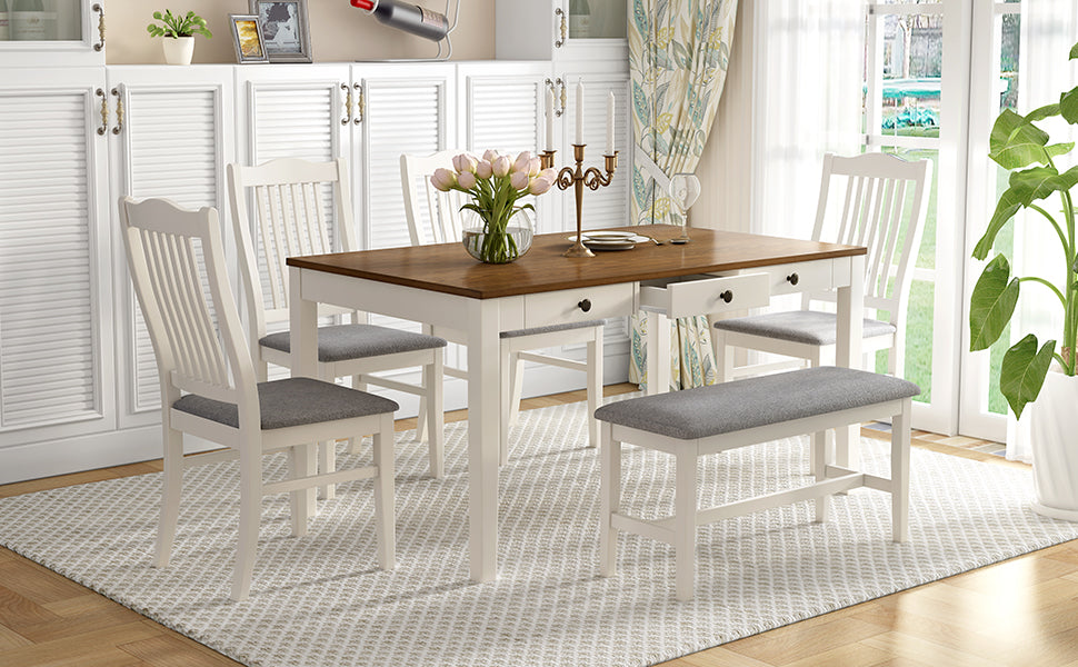 TOPMAX Mid-Century 6-Piece Wood Dining Table Set, Kitchen Table Set with Drawer  Upholstered Chairs and Bench  Butter Milk