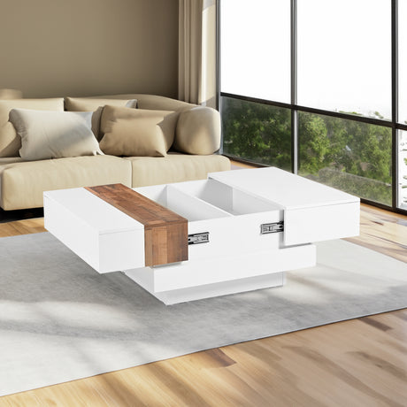 ON-TRANS 31.4 inches x 31.4 inches with sliding tabletop, high gloss center table, hidden storage room white - V.I.P Digital Presence