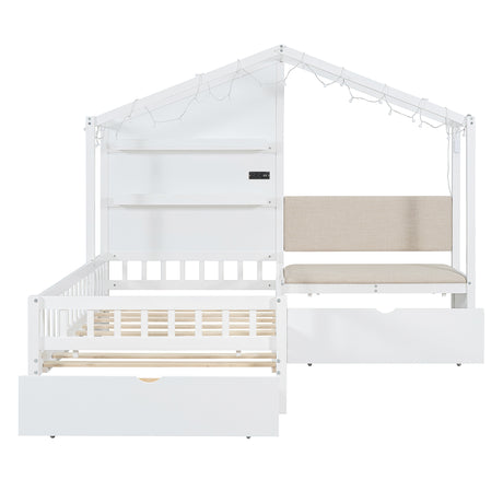 Twin Size House Bed with Upholstered Sofa, House Bed with Charging Station, Wireless Charging, Shelves and Two Drawers, White - V.I.P Digital Presence