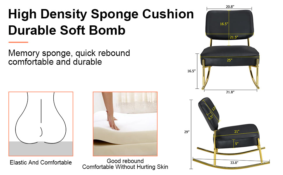 PU material cushioned rocking chair unique rocking chair cushioned seat black backrest rocking chair and gold metal legs