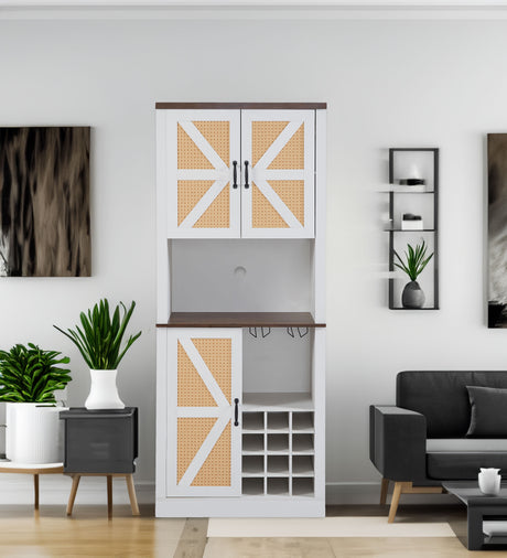 76 Inch Tall Farmhouse Kitchen Faux Rattan Wine Cabinet, Kitchen Bar Cabinet with Square Compartments and Shelves - V.I.P Digital Presence
