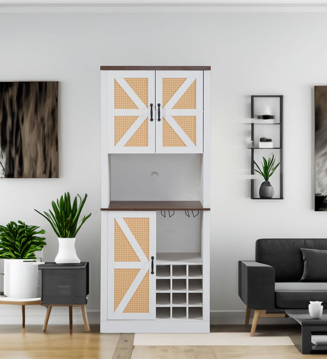 76 Inch Tall Farmhouse Kitchen Faux Rattan Wine Cabinet, Kitchen Bar Cabinet with Square Compartments and Shelves - V.I.P Digital Presence
