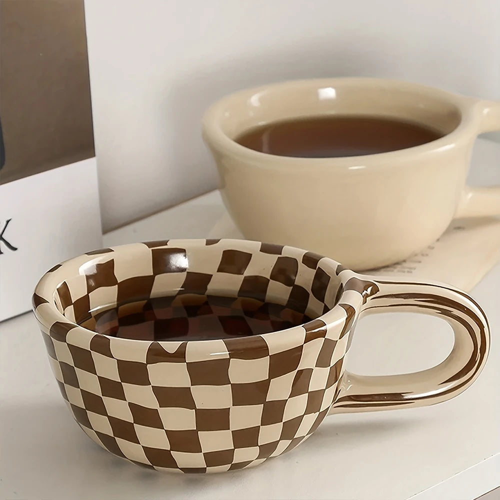 A 300ml ceramic retro couple checkerboard grid small capacity milk white wind mug coffee cups - V.I.P Digital Presence