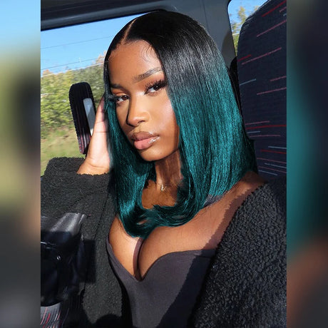 4x4 Lace Closure short Bob Wigs Human Hair T1B/green Color Bob Wig Double Drawn Straight Human hair Bob Lace Front Wig For Women - V.I.P Digital Presence