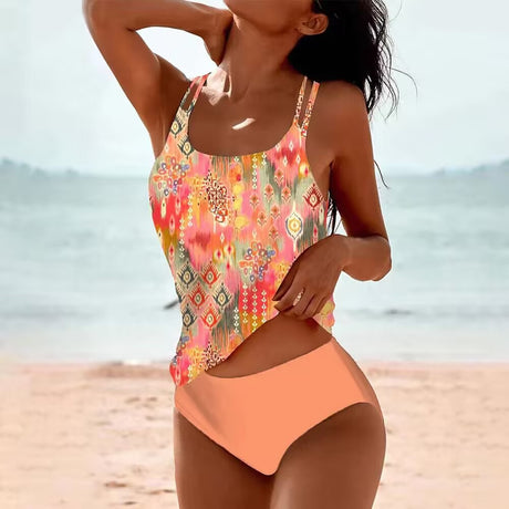 Digital Printed Shoulder Strap Tankini High Waist Triangle Pants Split Swimsuit for Women - V.I.P Digital Presence