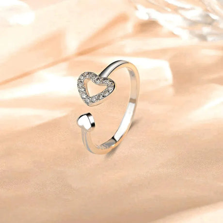 925 Sterling Silver Inlaid Zircon Heart Open Ring - V.I.P Digital Presence
