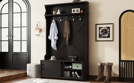 Hall tree with roof rack and storage platform, corridor shoe cabinet with sliding door, clothes hanger with 5 hooks black - V.I.P Digital Presence