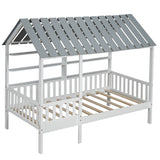 Wood Twin Size House Bed with Roof, Guardrail and Shelves, White - V.I.P Digital Presence