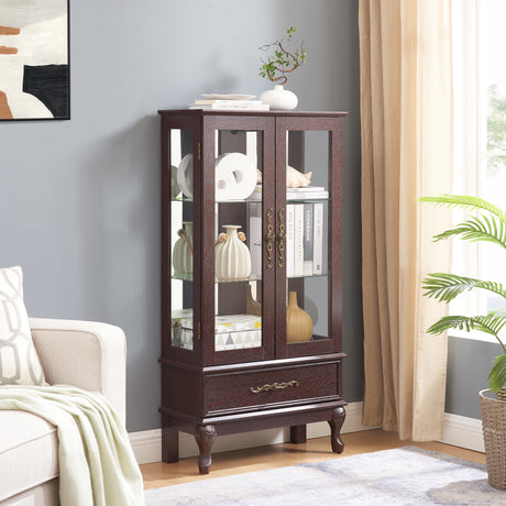 Curio cabinet lighting glass cabinet with adjustable glass frame, 2 doors and 1 drawer with light bulb, dark cherry color - V.I.P Digital Presence