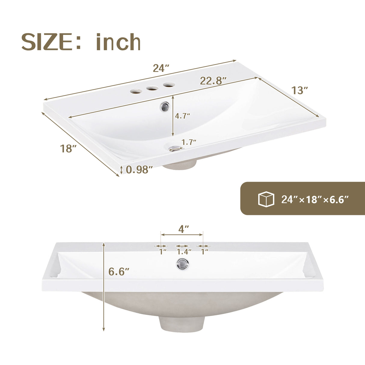 24" Bathroom Vanity Top Only White Basin 3-Faucet Holes  4" Faucet Available Ceramic - V.I.P Digital Presence