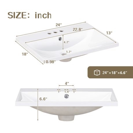 24" Bathroom Vanity Top Only White Basin 3-Faucet Holes  4" Faucet Available Ceramic - V.I.P Digital Presence