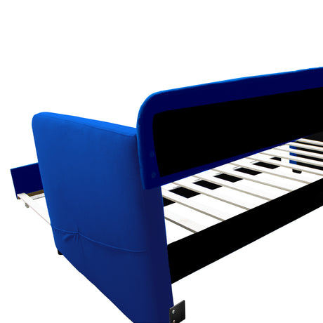 Blue padded twin beds with wheels, velvet fabric, no need for springs - V.I.P Digital Presence