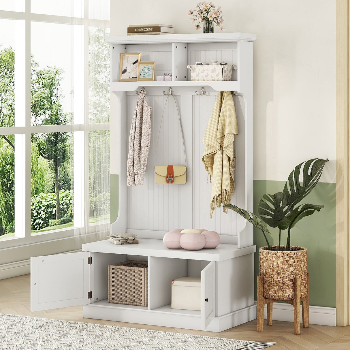 Hall Tree with Storage Shoe Bench for Entryway and Hallway, 4-in-1 Design Coat Racks with 4 Hooks for Living Room, White - V.I.P Digital Presence