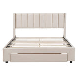 Queen Size Storage Bed Velvet Upholstered Platform Bed with a Big Drawer - Beige - V.I.P Digital Presence