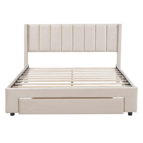 Queen Size Storage Bed Velvet Upholstered Platform Bed with a Big Drawer - Beige - V.I.P Digital Presence