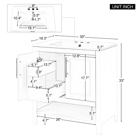 30" Bathroom Vanity with Sink  Multi-functional Bathroom Cabinet with Doors and Drawers Solid Frame and MDF Board, White - V.I.P Digital Presence