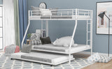 Twin over Full Bed with Sturdy Steel Frame Bunk Bed with Twin Size Trundle  Two-Side Ladders  White