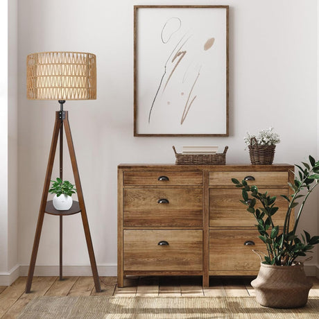 Boho Tripod Floor Lamp with Shelves, Mid Century Wood Standing Lamp with Rattan & Fabric Shades, ON/Off Foot Switch Office - V.I.P Digital Presence