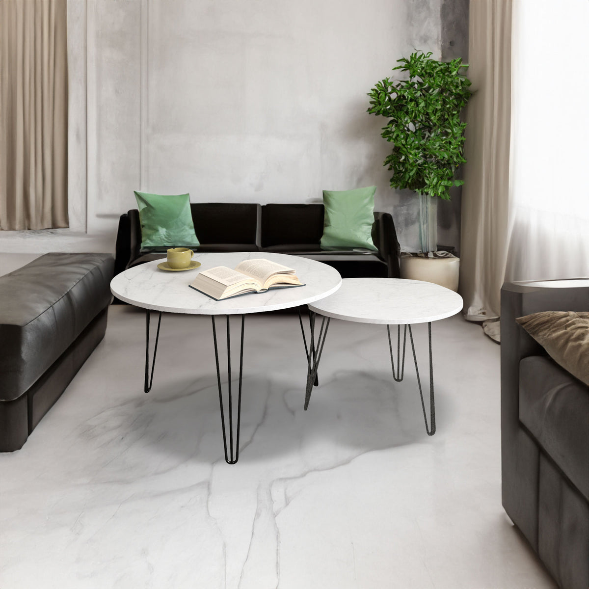 27.56'' Round Nesting Coffee Table Set of 2, Circular Nesting End Table Set Sturdy Metal Base for Living Room, bedroom, White - V.I.P Digital Presence