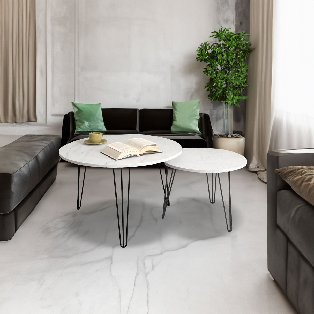 27.56'' Round Nesting Coffee Table Set of 2, Circular Nesting End Table Set Sturdy Metal Base for Living Room, bedroom, White - V.I.P Digital Presence