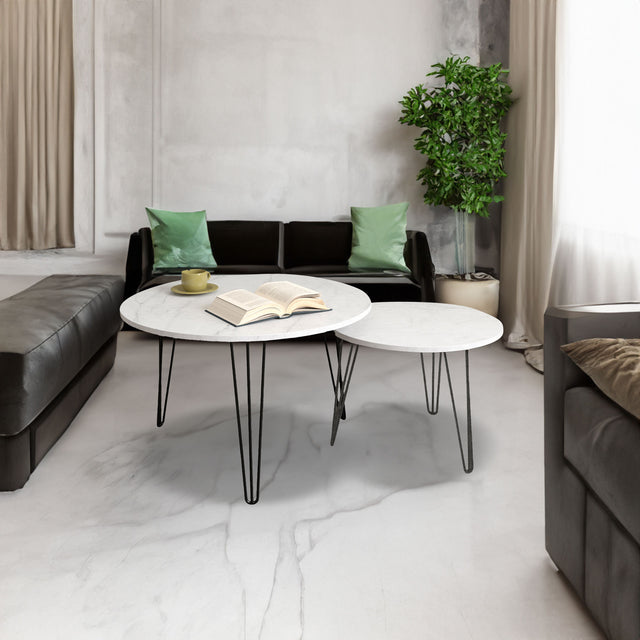 27.56'' Round Nesting Coffee Table Set of 2, Circular Nesting End Table Set Sturdy Metal Base for Living Room, bedroom, White - V.I.P Digital Presence